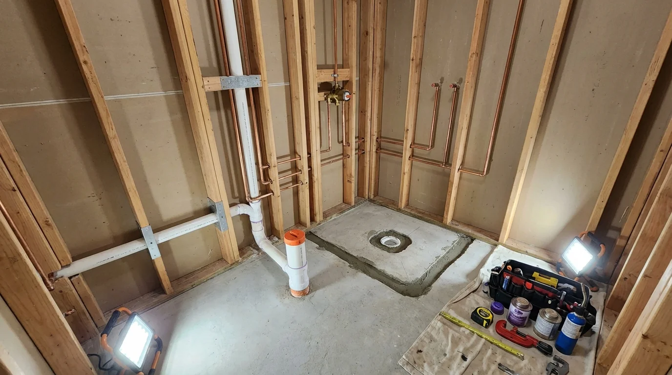 Bathroom rough-in plumbing during remodel by Johns Plumbing LLC in Stony Brook