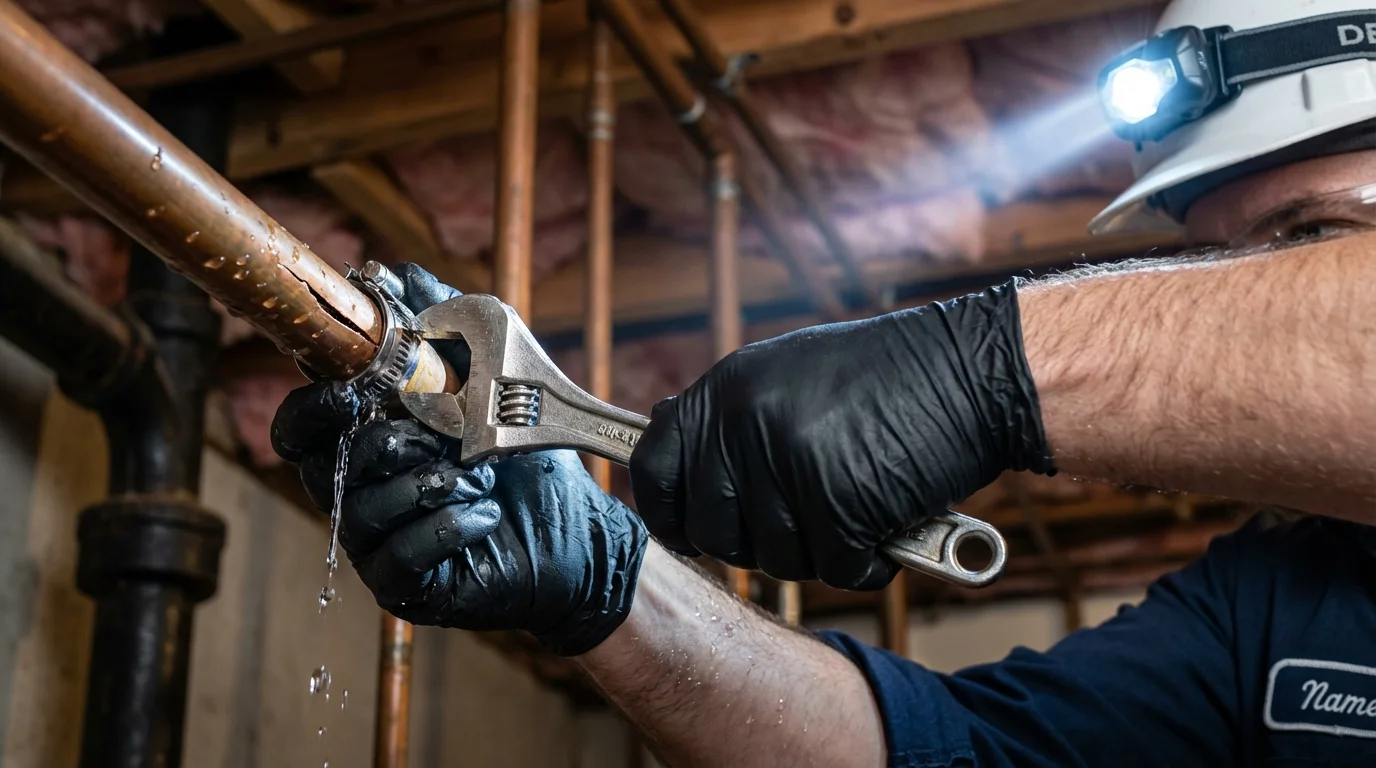 Emergency pipe clamp repair being performed by a Johns Plumbing LLC plumber in Stony Brook